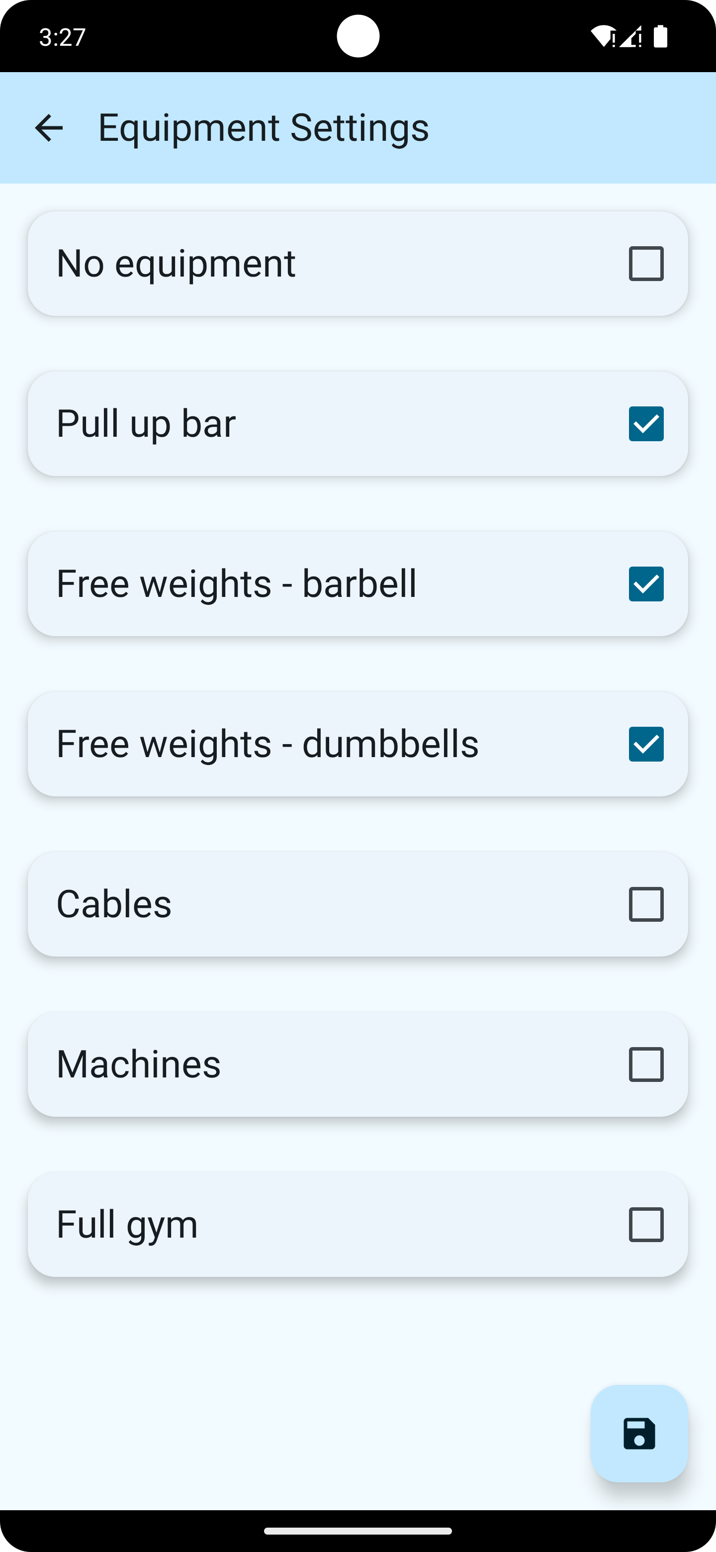 Screenshot of Lifting Dice equipment settings
