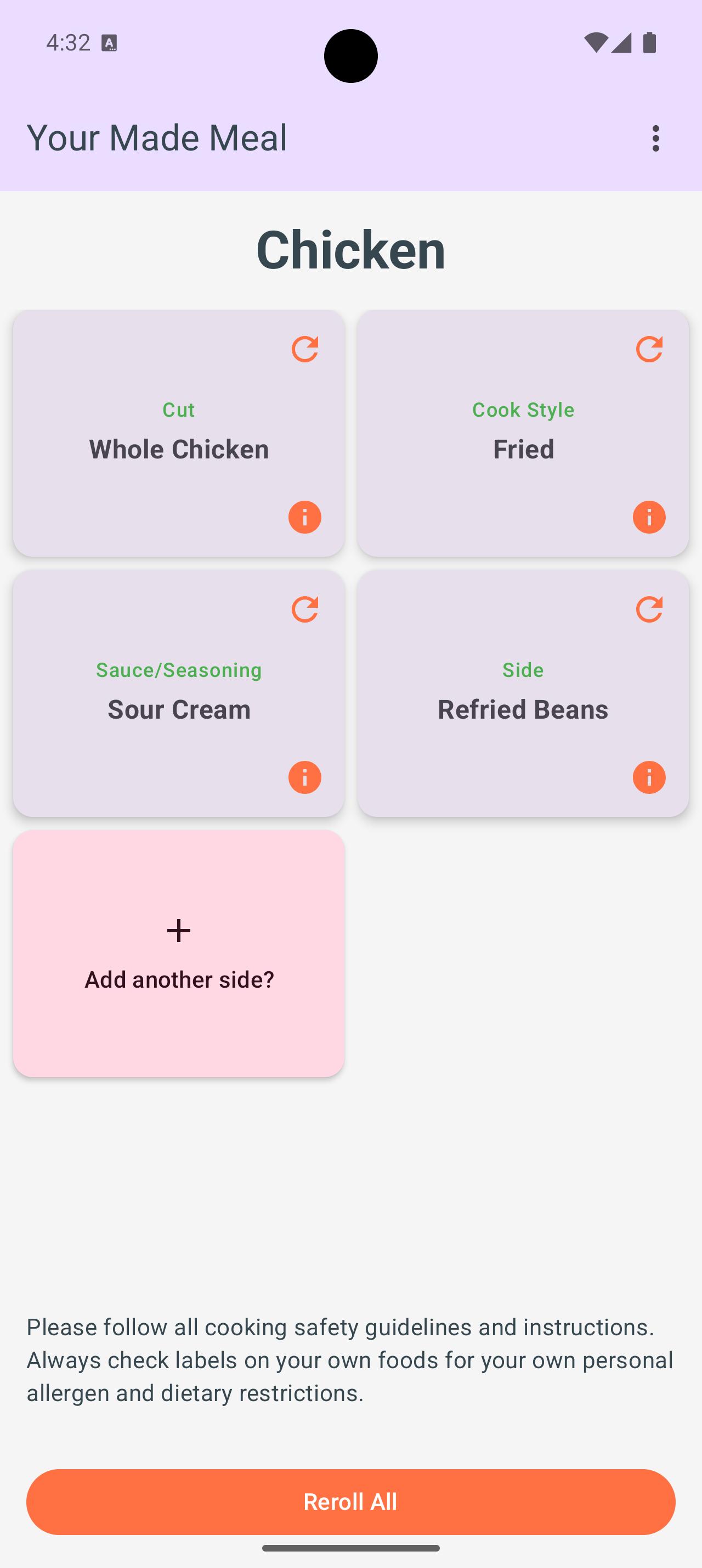 Screenshot of a Foodie Dice rolled Meal