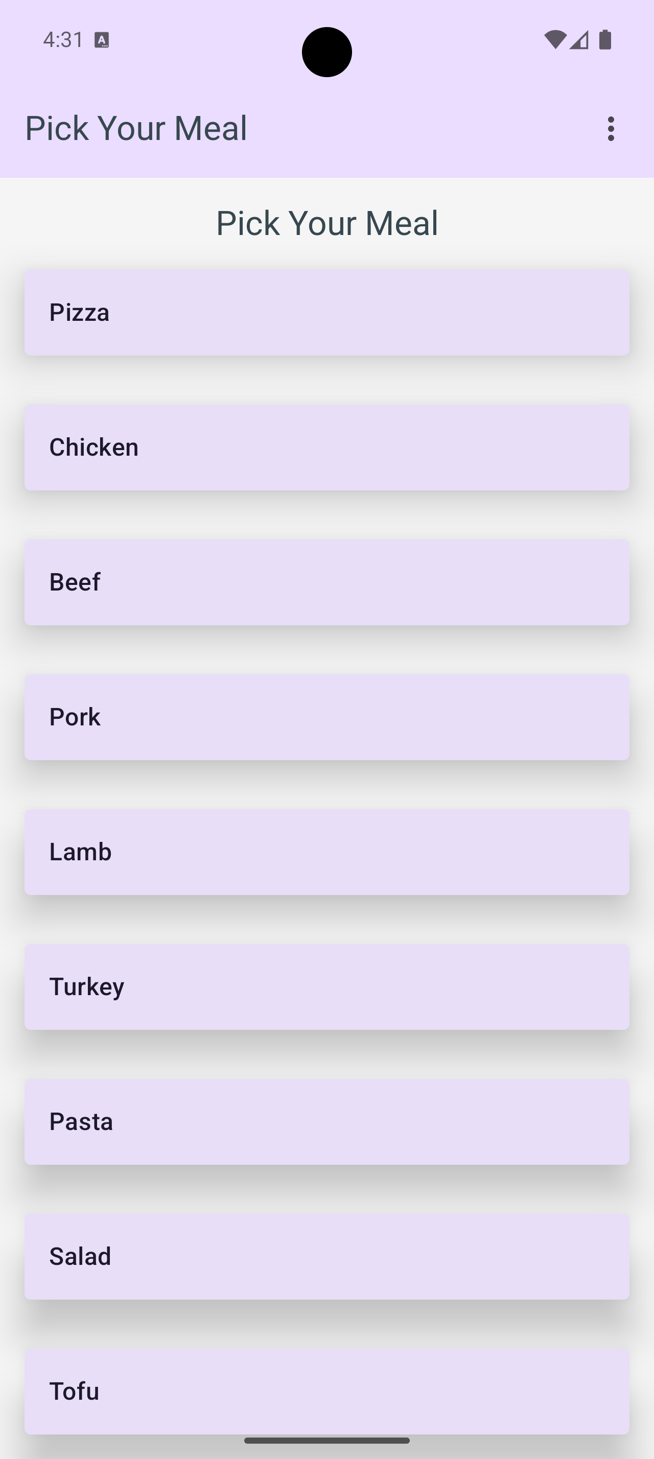 Screenshot of Foodie Roller meal choices