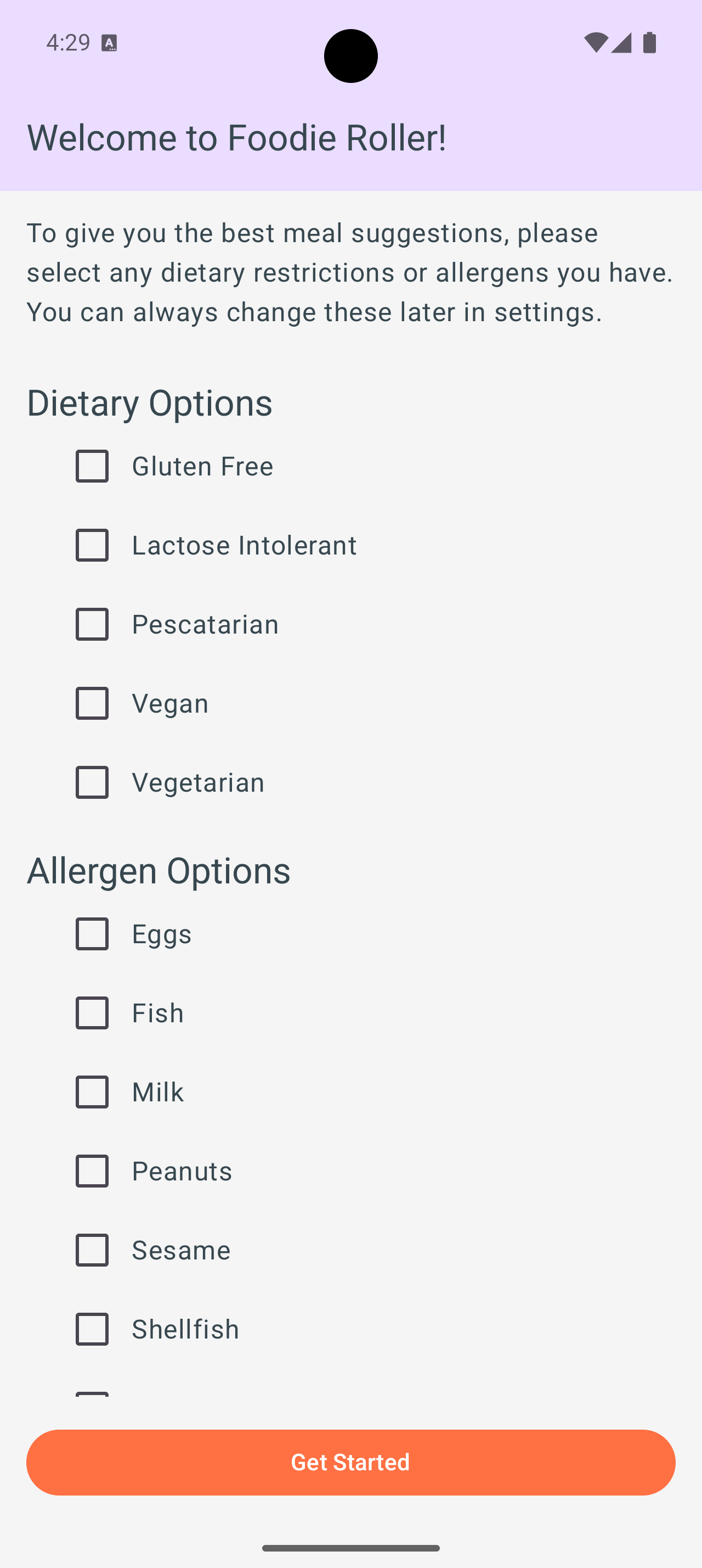 Screenshot of Foodie Roller welcome and settings